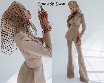 Women's Beige Suit, Beige Women Suit, Elegant Beige Suit, Beige Trousers Suit, Beige Flared Suit, Beige Classic Suit With Flared Trousers.