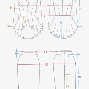 Pode incluir: Um desenho de linha de um fato de mulher com um top peplum e uma saia l&aacute;pis. O top tem fecho de bot&atilde;o e mangas compridas. A saia &eacute; de comprimento at&eacute; ao joelho e tem uma silhueta reta. O desenho inclui medidas em polegadas.
