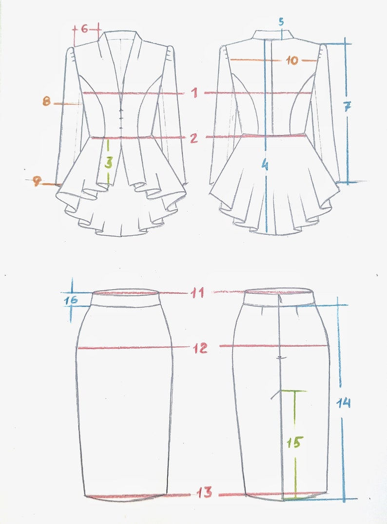 Pode incluir: Um desenho de linha de um fato de mulher com um top peplum e uma saia l&aacute;pis. O top tem fecho de bot&atilde;o e mangas compridas. A saia &eacute; de comprimento at&eacute; ao joelho e tem uma silhueta reta. O desenho inclui medidas em polegadas.