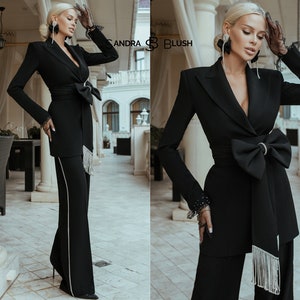 Black Crystal Women Suits Set,  Crystal Women Suits Pant Set Blazer, Black Pant Suit, Crystal Suit, Vintage Crystal Women Suit, Black Suit