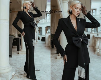 Black Crystal Women Suits Set,  Crystal Women Suits Pant Set Blazer, Black Pant Suit, Crystal Suit, Vintage Crystal Women Suit, Black Suit