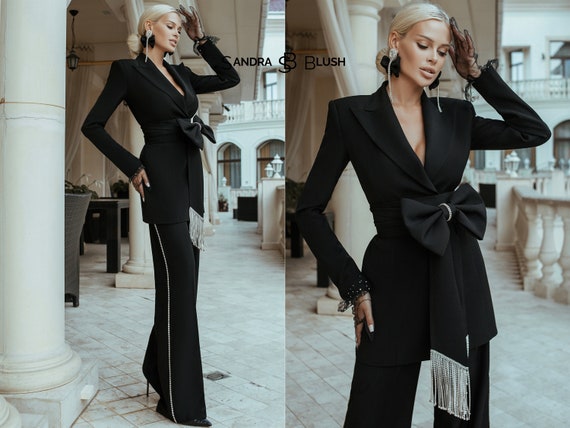 Black Women Pants Suits For Wedding Plus Size Crystal Beading Blazer And  Pants Designer Formal Party Prom Dress Custom Made From 84,91 €