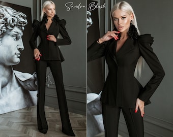 Black Prom Pants Suit With Voluminous Shoulders And Basque. Birthday Exclusive Peplum Blazer With Flared Pants. Black Prom Wedding Guest