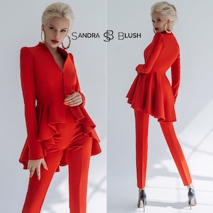 Red Peplum Suit, Red Peplum Jacket and High Waisted Skinny Pants, Peplum Suit,  Red Peplum Evening Suit, Designer Red Peplum Fancy Suit