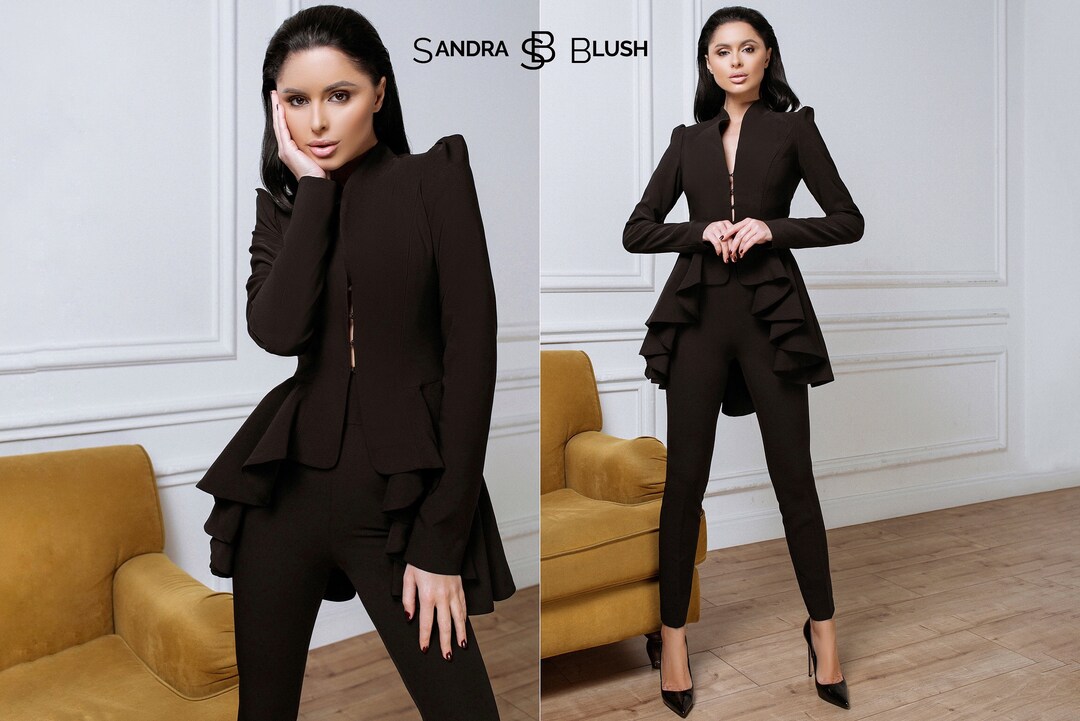 Black Peplum Suit, Basque Blazer Suit, Suit With Basque, Peplum