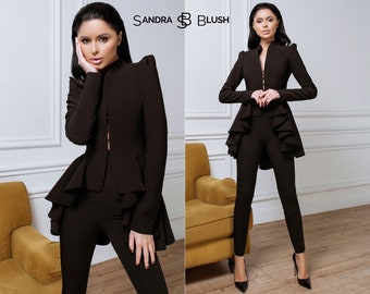 Black Peplum Suit, Basque Blazer Suit, Suit With Basque, Peplum Suit, Peplum Blazer, Black Peplum Suit, Black Women Suit, Black Dressy Suit