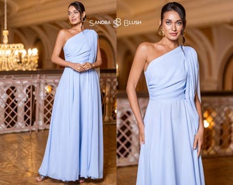 Chiffon Evening Dress, Blue Formal Maxi Dress, Elegant One Shoulder Evening Gown, Flowy Formal Occasion Dress Women