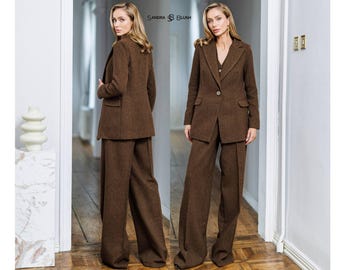 Brown Fall Outfit, Brown Tailored Three Piece Set, Autumn Workwear, Reversible Vest Blazer, Sophisticated Brown Seasonal Style