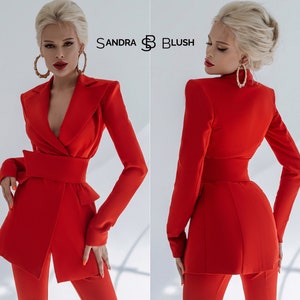 Red 2-Piece Formal Pantsuit For Women With Elongated Deep V Jacket, Wide Belt And High Waisted Flared Pants. Rehearsal Dinner Suit