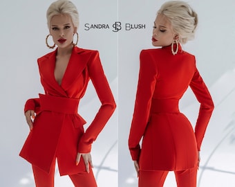 Red 2-Piece Formal Pantsuit For Women With Elongated Deep V Jacket, Wide Belt And High Waisted Flared Pants. Rehearsal Dinner Suit