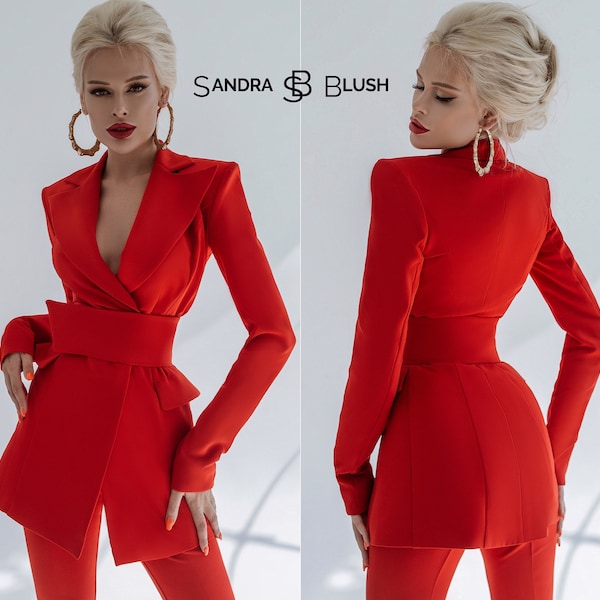 Red 2-Piece Formal Pantsuit For Women With Elongated Deep V Jacket, Wide Belt And High Waisted Flared Pants. Rehearsal Dinner Suit