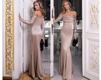 Beige Corset Maxi Dress with Off Shoulder Sleeves, Minimalist Satin Evening Gown, Mocha Neutral Formal Dress