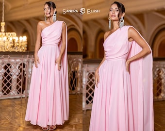 Pink Bridesmaid Dress One Shoulder Chiffon Maxi, Elegant Wedding Guest Dress, Wedding Guests Dress, Long Feminine Evening Dress