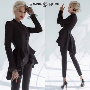 Black Peplum Suit, Basque Blazer Suit, Suit With Basque, Peplum Suit, Peplum Blazer, Black Peplum Suit, Black Women Suit, Black Dressy Suit