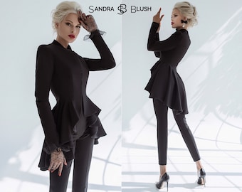 Black Peplum Suit, Basque Blazer Suit, Suit With Basque, Peplum Suit, Peplum Blazer, Black Peplum Suit, Black Women Suit, Black Dressy Suit