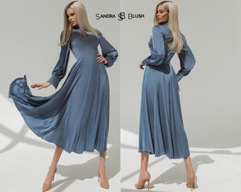 Luxury Silk Midi Dress | long Elegant Light Blue Petticiat Dress | Voluminous Skirt with Slit | Formal Satin Evening for Special Occasions