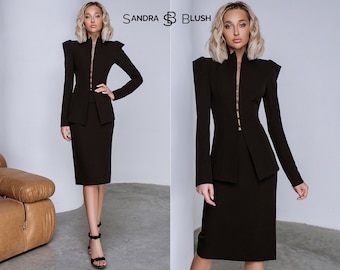 Black 2-Piece Formal Midi Pencil Skirt Suit And Deep V Elongated Fitted Jacket With Long Sleeves. Festive Stylish Skirt SuitSuit. Business