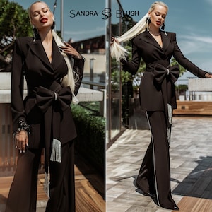 Black Suit Women, Women&#39;s Black Suit, Women’s Pantsuit With a Belt, Classic Black Women&#39;s Suits, Wide Leg Women&#39;s Suit, Palazzo Pants Suits