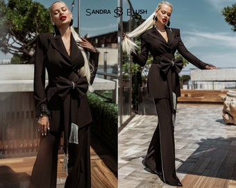 Black Suit Women, Women's Black Suit, Women’s Pantsuit With a Belt, Classic Black Women's Suits, Wide Leg Women's Suit, Palazzo Pants Suits