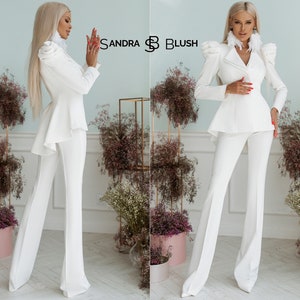 White Bridal Pants Suit, Basque Suit, Wedding Peplum Suit, Flared Pants Suit. White Prom Suit, White Suit Women, Wedding Suit For Women