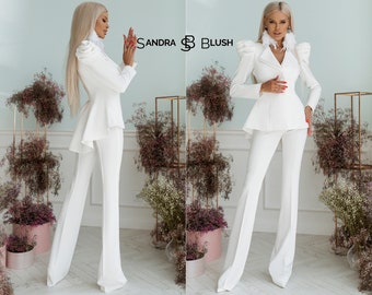 White Bridal Pants Suit, Basque Suit, Wedding Peplum Suit, Flared Pants Suit. White Prom Suit, White Suit Women, Wedding Suit For Women