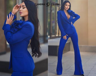 Women's Electric Suit, Darl Blue Formal Pantsuit For Women, Blue Pant Suit,  Flared Suit Pants in Blue, Blue Flared Pants, High Waist Pant