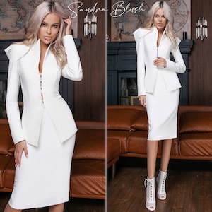 White 2-Piece Formal Midi Pencil Skirt Suit And Deep V Elongated Fitted Jacket With Long Sleeves. Festive Stylish Wedding. Elegant Bridal