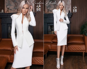 White 2-Piece Formal Midi Pencil Skirt Suit And Deep V Elongated Fitted Jacket With Long Sleeves. Festive Stylish Wedding. Elegant Bridal