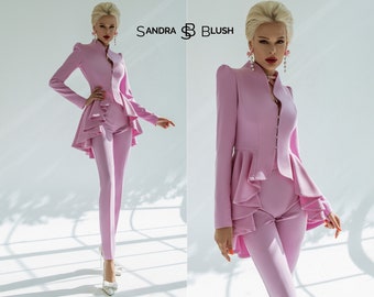 Pink Peplum Suit, Basque Blazer Suit, Suit With Basque, Peplum Suit, Peplum Blazer, Pink Peplum Suit, Pink Women Suit, Pink Dressy Suit