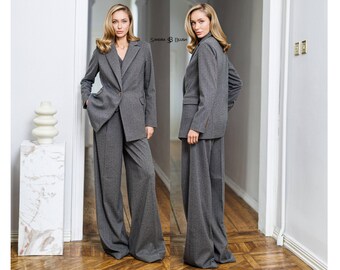 Gray Business Outfit, Gray Three Piece Suit, Professional Office Wear, Tailored Blazer With Reversible Vest, Elegant Workwear
