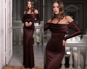 Brown Corset Maxi Dress with Off Shoulder Sleeves, Luxury Satin Evening Gown, Chocolate Brown Fashion Statement Dress