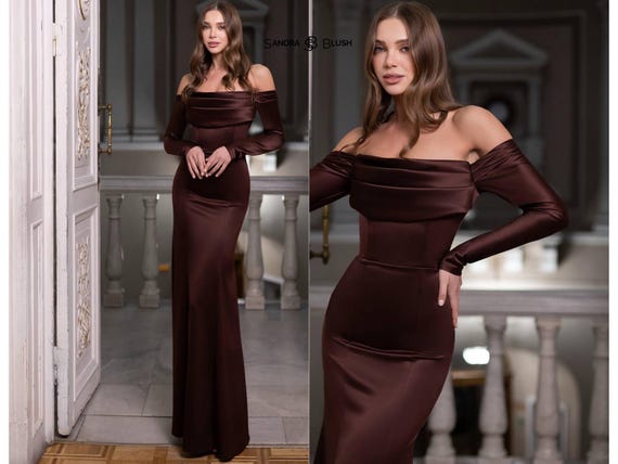 brown statement dress Corset Maxi with Off Shoulder Sleeves, Luxury Satin Evening Gown, Chocolate Brown Fashion Dress Color:Rusty Rose Starling is designed for swatches-granno-mini-dress Gabrielle Enchanting Square Long