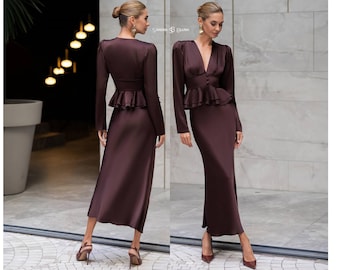 Chocolate Brown Satin Blouse and Skirt Set, Rich Brown Two Piece Outfit, Deep Brown Women's Set, Refined Satin Look