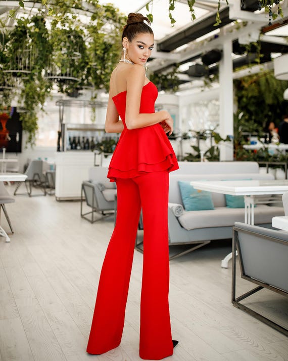 Red Peplum Corset Top and Flared Pants Set | Elegant Two-piece