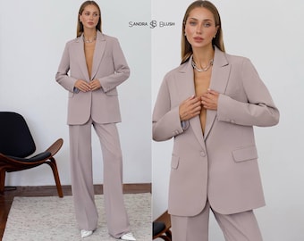 Mocha Oversized Two-Piece Suit, Relaxed Blazer and Straight-Leg Trousers Set, Elegant Business Outfit for Office and Professional Events