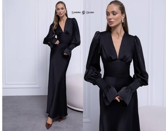 Black Tie Dress Women, Black Atlas Evening Gown, Elegant Long Sleeve Maxi Dress, Formal Wedding Guest Dress, Luxury Evening Dress