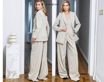 Beige Women's Suit, Beige Wool Blend Set, Neutral Minimalist Outfit, Reversible Vest Blazer, Wide Leg Trousers, Elegant Capsule Wardrobe