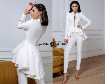 White 2-Piece Formal Pantsuit For Woman With Peplum Deep V Jacket And High Waisted Skinny Pants, Ruffle Blazer Trouser Suit. Bridal Suit