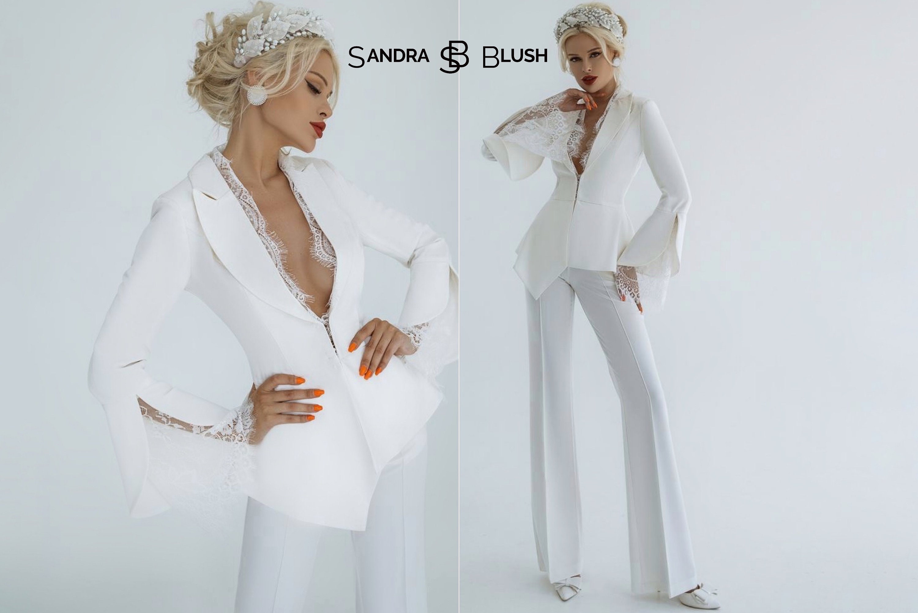 White Blazer Trouser Suit for Women, Short Blazer and Pants With Slits, White  Bridal Civil Wedding, Wedding Guest Suit 