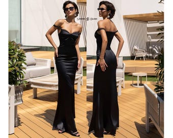 Black Satin Evening Gown, Off Shoulder Formal Dress, Black Corset Maxi Dress, Black Tie Gown, Elegant Wedding Guest Dress