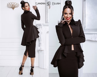 Black Skirt Suit, Skirt Suit, Black Midi Skirt Suit, Pencil Skirt Suit, Elegant Skirt Suit, Business Skirt Suit Women, Peplum Suit, Basque