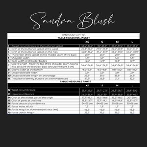 May include: A size chart for pants and jackets with measurements in inches. The chart includes measurements for the bust, waist, hips, shoulder width, sleeve length, and more. The chart is labeled with sizes XS, S, M, and L.