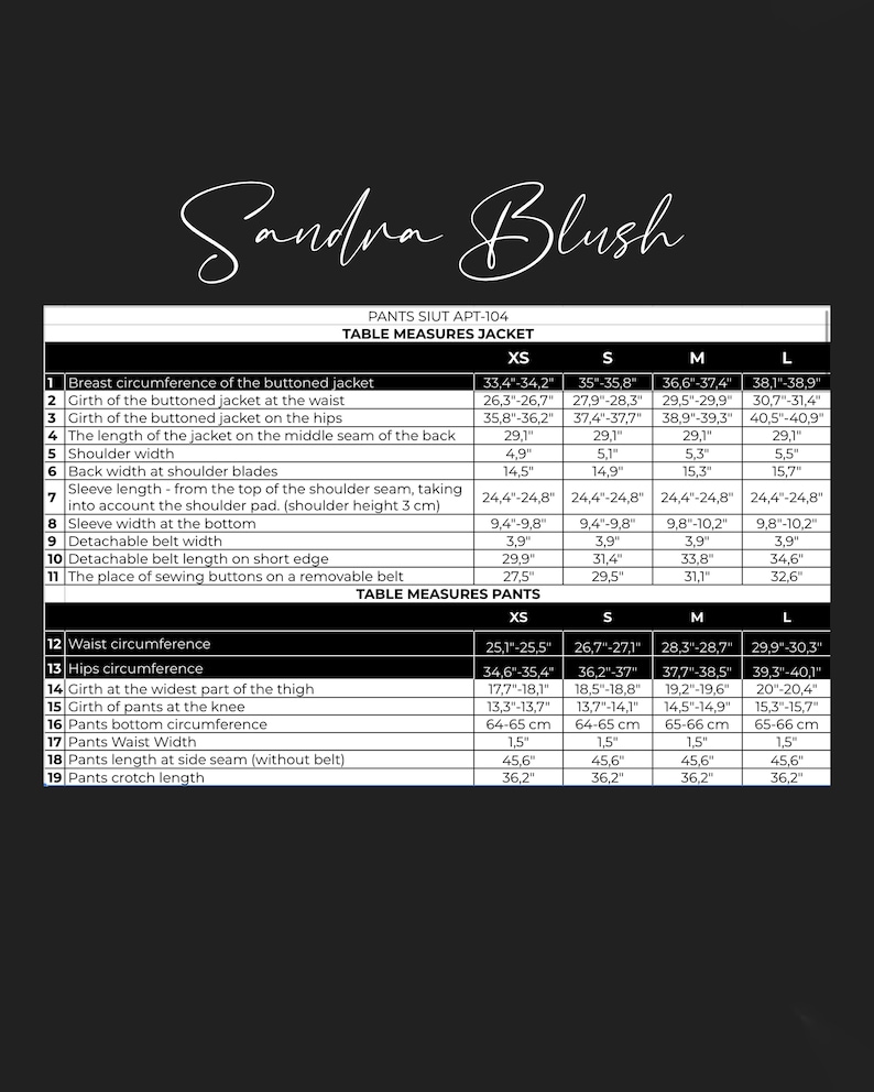 May include: A size chart for pants and jackets with measurements in inches. The chart includes measurements for the bust, waist, hips, shoulder width, sleeve length, and more. The chart is labeled with sizes XS, S, M, and L.