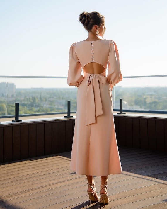Blush Delicate Feminine Midi Dress | Elegant Mid-sleeve Gown With Soft Open  Back | Romantic Outfit for Special Occasions, Chic Everyday Wear - Etsy