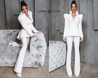 White Women Pant Suit, Wedding Pant Suit, Women Suit Set, White Women Suit, Bridal Women Pant Suit, Wedding Guest Suit, Formal Women Suit