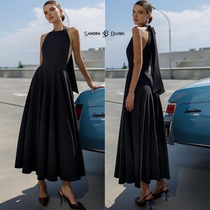 Black Midi Dress, Open Back Cocktail Dress, Elegant Evening Party Dress, Formal Circle Skirt Dress, Little Black Dress for Women
