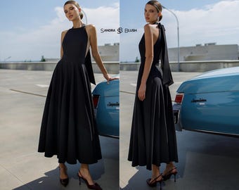 Black Midi Dress, Elegant Open Back Dress for Formal Dinner, Date Night, Restaurant Outings and Stylish Evenings