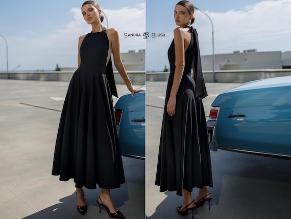 Black Midi Dress, Open Back Cocktail Dress, Elegant Evening Party Dress, Formal Circle Skirt Dress, Little Black Dress for Women