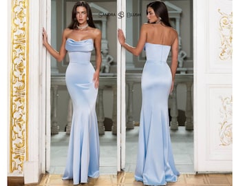 Blue Satin Evening Gown Women, Elegant Formal Dress, Strapless Maxi Dress, Draped Corset Gown, Blue Gala Dress, Luxury Evening Wear
