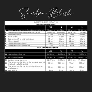 May include: A table showing size charts for a jacket and skirt suit. The table lists measurements in centimeters for sizes XS, S, M, and L. The measurements include breast circumference, waist circumference, back width, shoulder width, jacket length, sleeve length, sleeve width at the top, sleeve width at the bottom, waist circumference, hip circumference, bottom circumference, skirt length, and belt width.
